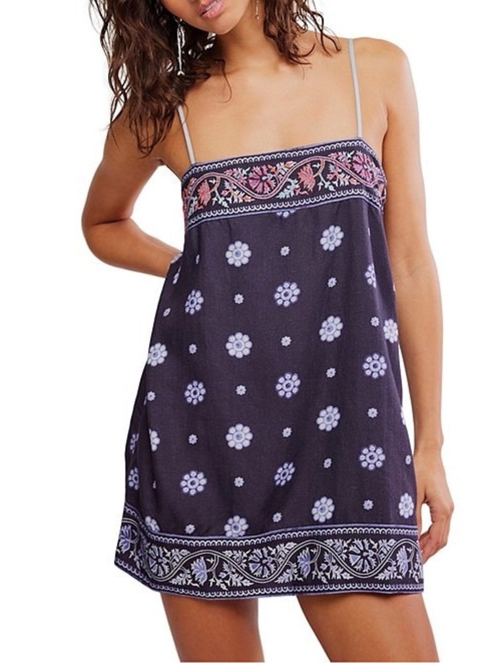 Free People Navy Purple Floral Embroidered Mini Dress embroidered floral